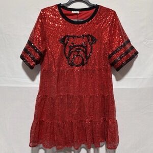 WHY Dress Sequin Bulldog Tiered Gameday Dress Women Red Small UGA